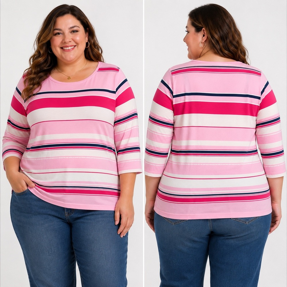VTG Deadstock Jenny Buchanan Woman Pink Stripe Sequin 3/4 Sleeve Cotton Top 3X